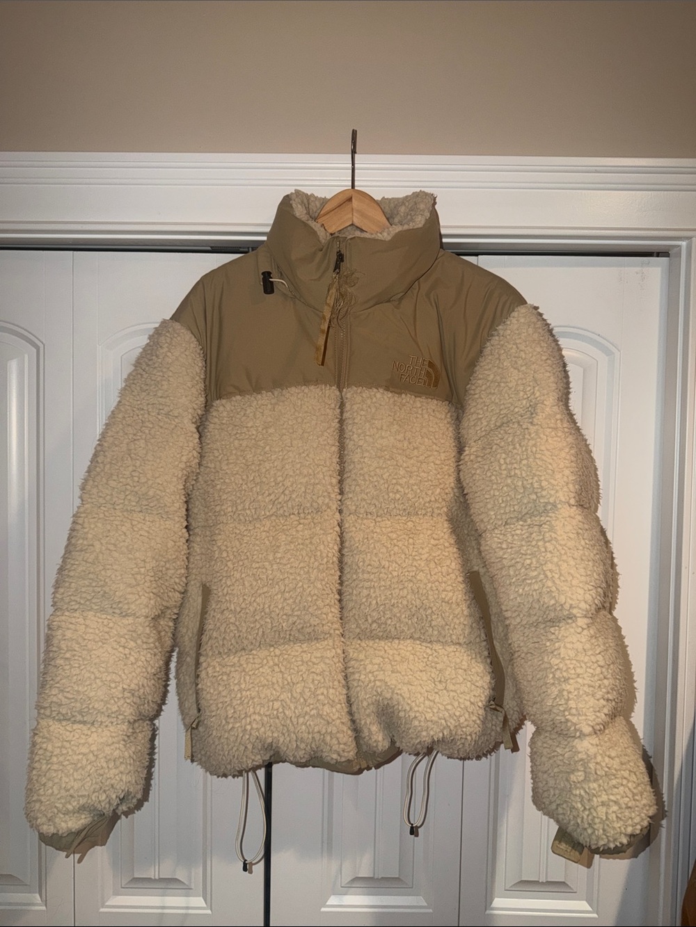 The North Face Women’s Beige Sherpa Puffer Jacket with Tan Yoke